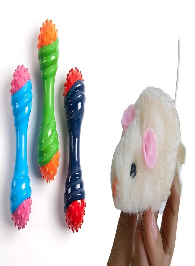 PET FUN لعبة مضغ مطاطية على شكل دمبل للكلاب من بيت فن | لعبة فأر مفتاح تعمل بالزنبرك، غير سامة ومتينة وتصدر صوت صرير، مناسبة للقطط والحيوانات الأليفة الصغيرة | دمية قطيفة واقعية بذيل دوار، عبوة من قطعتين - Image 1